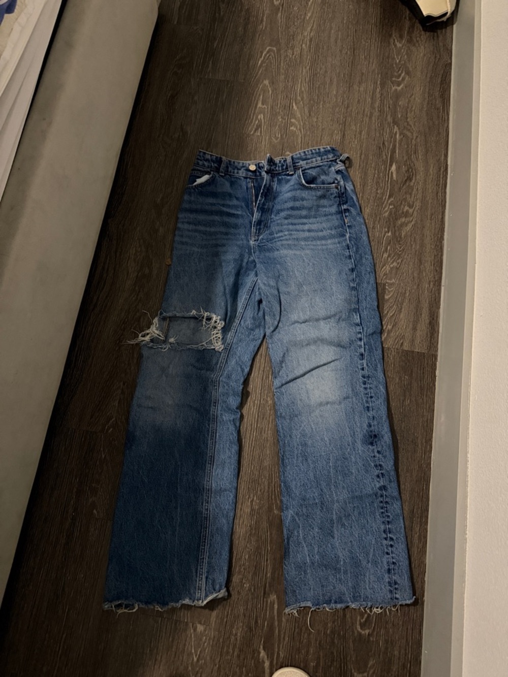 Zara High Rise Distressed Wide Leg Jeans - Blue
